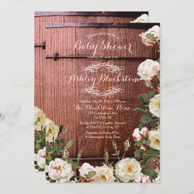 Rustic Country Wood Scotch Roses Baby Shower Invitation (Front/Back)
