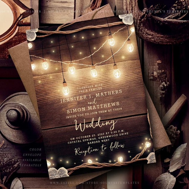 Rustic Country Wood String Lights Lace Wedding Invitation (Creator Uploaded)