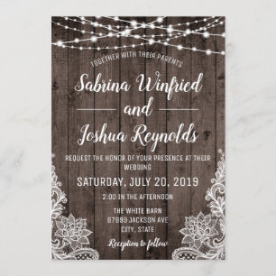 Rustic Country Wood String Lights Lace Wedding Invitation