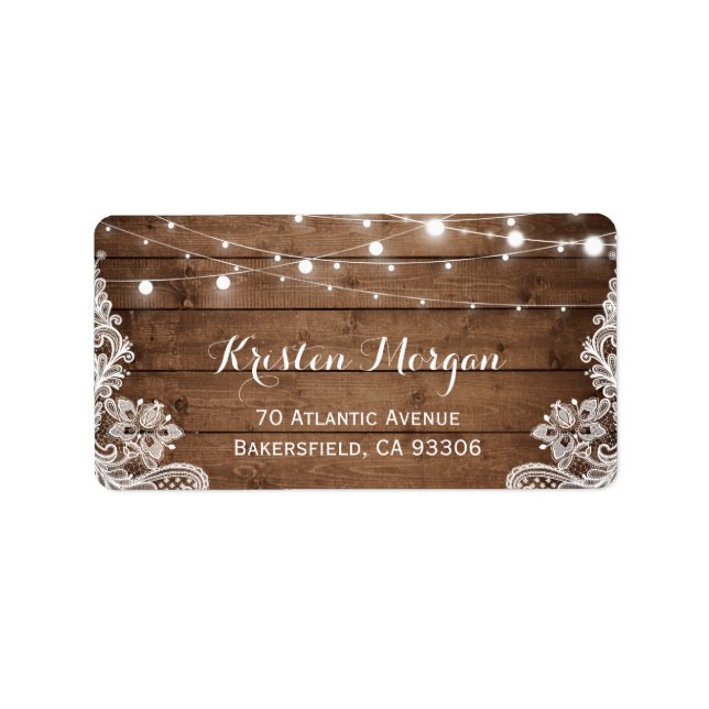 Rustic Country Wood String Lights Lace Wedding Label (Front)