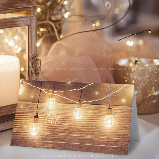 Rustic Country Wood String Lights Lace Wedding Place Card (Creator Uploaded)