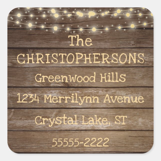 Rustic Country Wood & String Lights Return Address Square Sticker (Front)