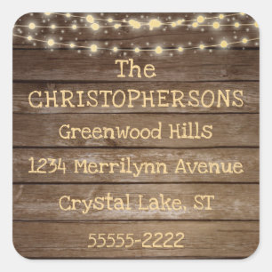 Rustic Country Wood & String Lights Return Address Square Sticker