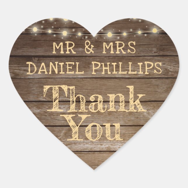 Rustic Country Wood & String Lights Thank You Heart Sticker (Front)