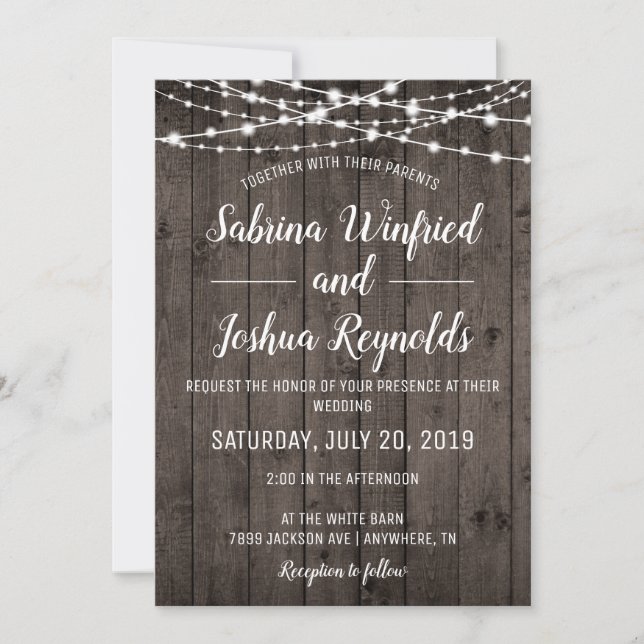 Rustic Country Wood String Lights Wedding Invitation (Front)