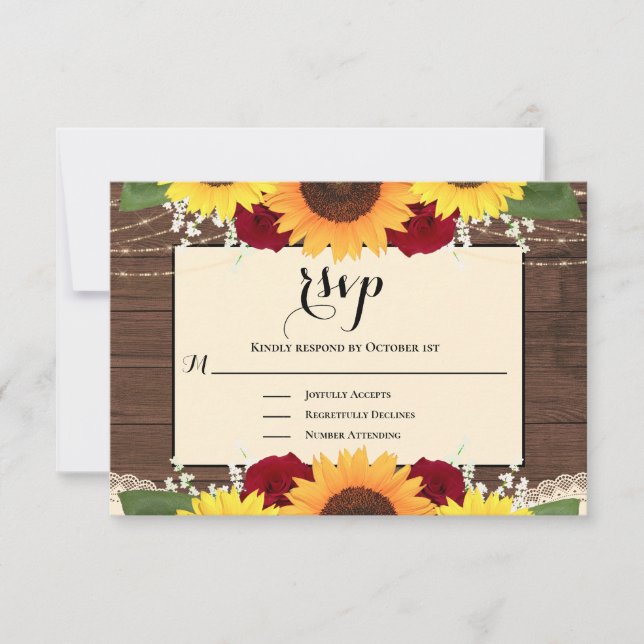 Rustic Country Wood Sunflower Rose Wedding RSVP Card (Front)