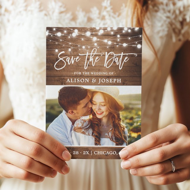 Rustic Country Wood Twinkle Lights Wedding Photo Save The Date (Creator Uploaded)