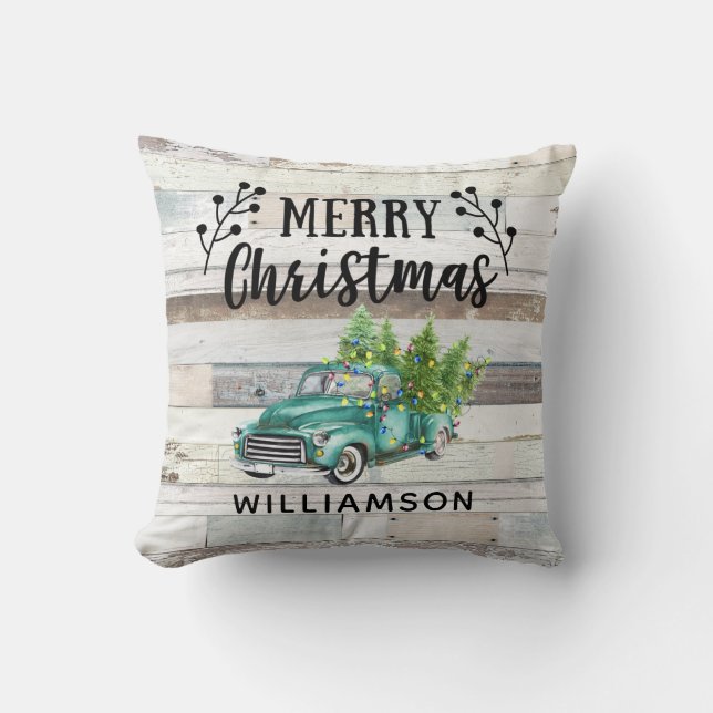 RUSTIC COUNTRY WOOD VINTAGE TRUCK FAMILY NAME CUSHION (Front)