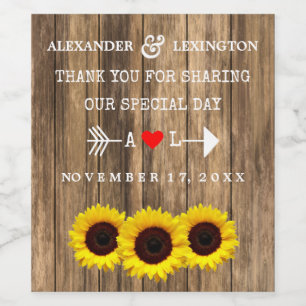 Rustic Country Wood with Sunflowers Wedding Wine Label