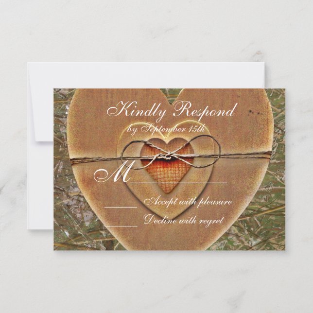 Rustic Country Wooden Heart Camo Wedding Invites (Front)