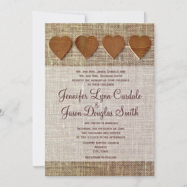 Rustic Country Wooden Hearts Burlap Wedding Invite (Front)