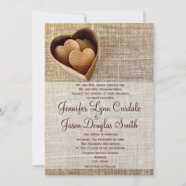 Rustic Country Wooden Hearts Burlap Wedding Invite (Front)