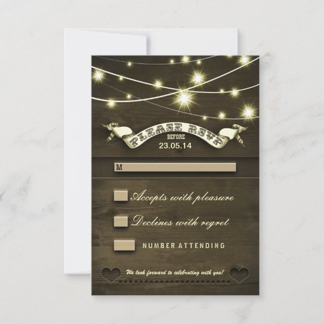 rustic country wooden wedding RSVP with lights Card (Front)
