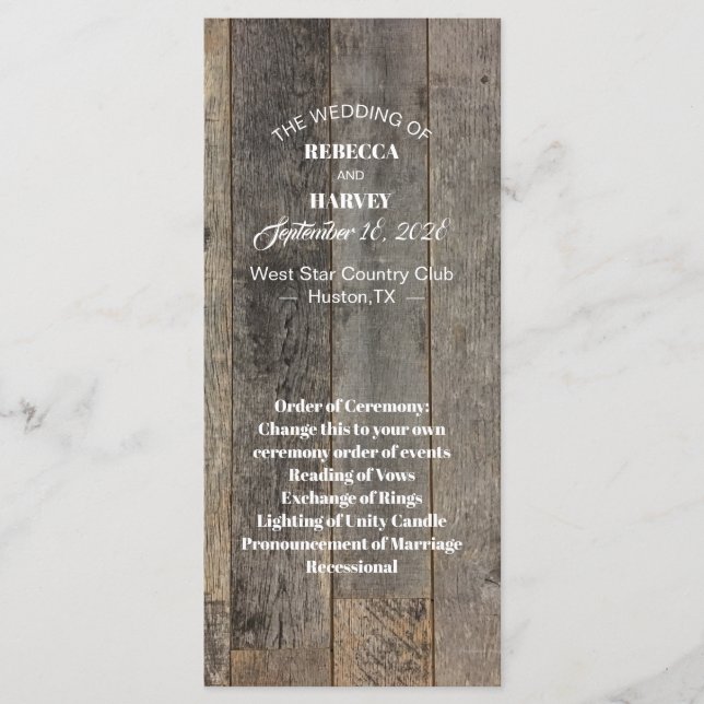 rustic country woodgrain barn wedding programs programme (Front)
