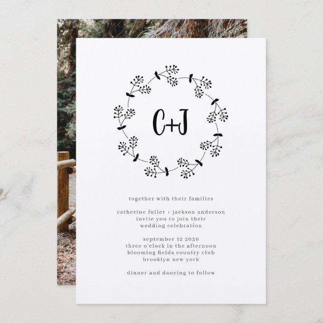 Rustic Country Wreath Photo Monogram Chic Wedding Invitation (Front/Back)