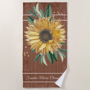Rustic Country Yellow Sunflower Brown Wood Beach Towel
