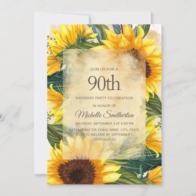 Rustic Country Yellow Sunflowers 90th Birthday Invitation (Front)