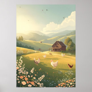 Rustic Countryside Cabin with Wildflowers Poster