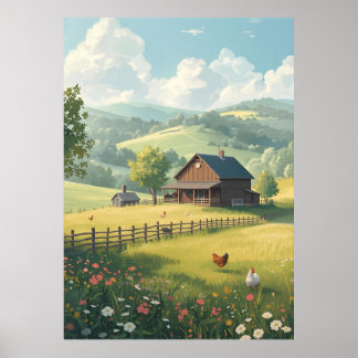 Rustic Countryside Cabin with Wildflowers Poster