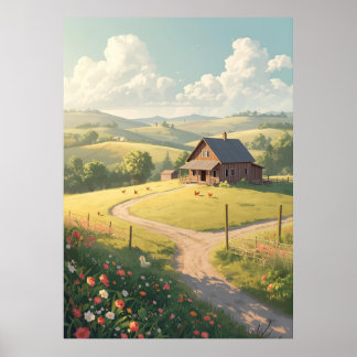 Rustic Countryside Cabin with Wildflowers Poster