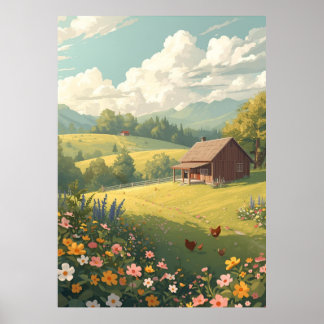Rustic Countryside Cabin with Wildflowers Poster