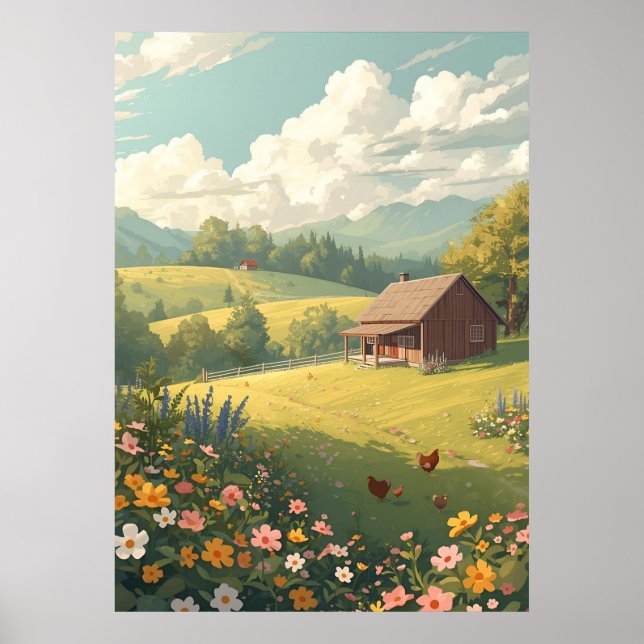 Rustic Countryside Cabin with Wildflowers  Poster (Front)