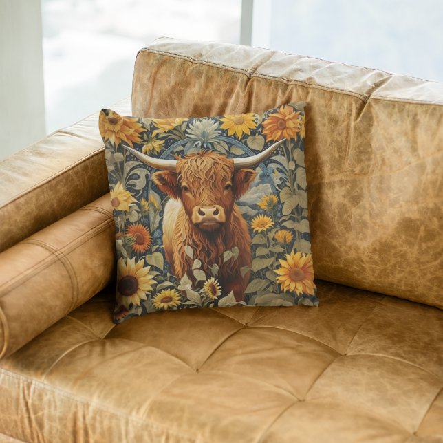 Rustic Countryside Highland Cow Sunflowers Cushion (Creator Uploaded)