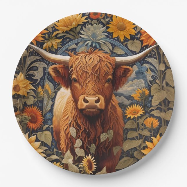 Rustic Countryside Highland Cow Sunflowers Paper Plate (Front)