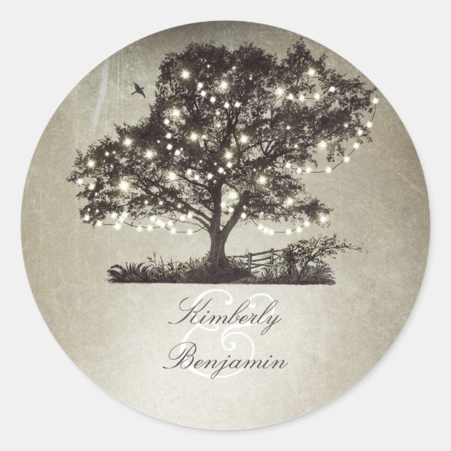 Rustic Countryside Tree and Lights Wedding Classic Round Sticker (Front)
