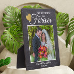 Rustic Couple Wedding Photo Gold Heart  Chalkboard<br><div class="desc">Rustic couple wedding photo frame in chalkboard personalised with name and date. The quote ‘we decided forever’ adds a romantic element to the photo plaque.</div>