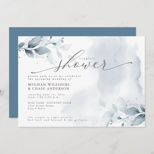 Rustic Couple's Shower Dusty Blue Foliage Invitation (Front/Back)