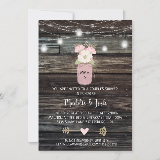 Rustic Couples Shower Mason Jar Lights Boho Floral Invitation (Front)