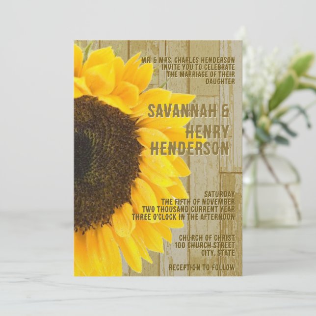 Rustic Coutry Chic Barn Wood Sunflower Wedding Invitation (Standing Front)