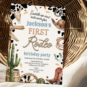 Rustic Cow-print Western First Rodeo 1st Birthday Invitation