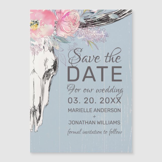 Rustic Cow Skull Boho Blush Floral B Save the Date (Front)