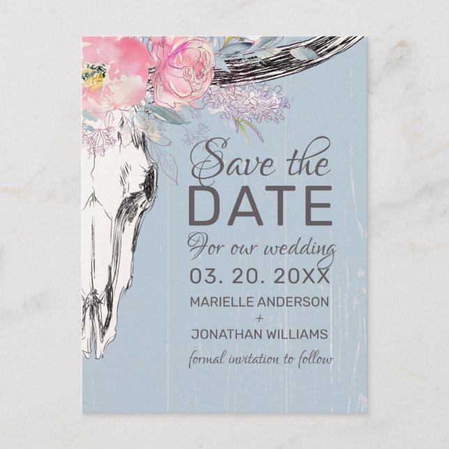 Rustic Cow Skull Boho Blush Floral Save the Date Announcement Postcard (Front)