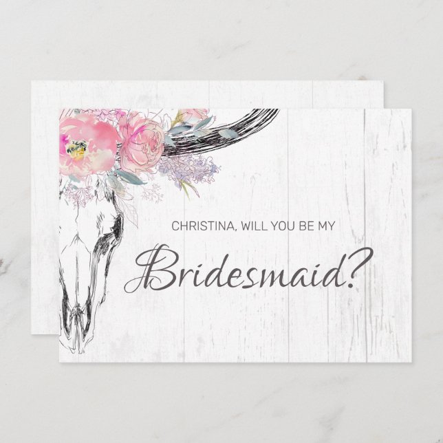 Rustic Cow Skull Boho Blush Pink Floral Bridesmaid Invitation (Front/Back)