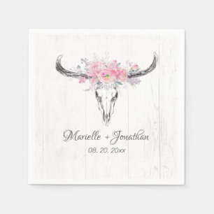 Rustic Cow Skull Boho Blush Pink Watercolor Floral Napkin