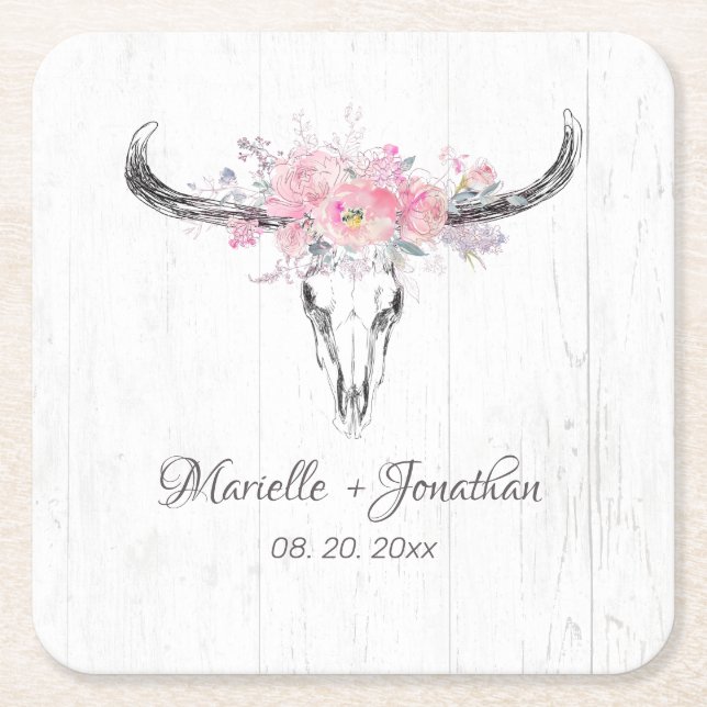 Rustic Cow Skull Boho Blush Pink Watercolor Floral Square Paper Coaster (Front)