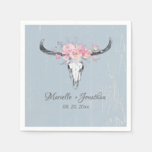 Rustic Cow Skull Boho Blush Watercolor Floral Blue Napkin