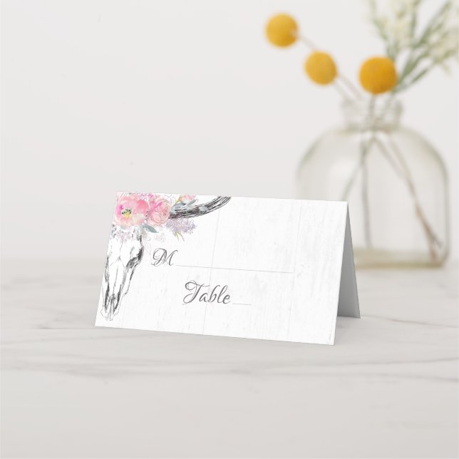Rustic Cow Skull Boho Floral Blush Pink Wedding Place Card (Front)