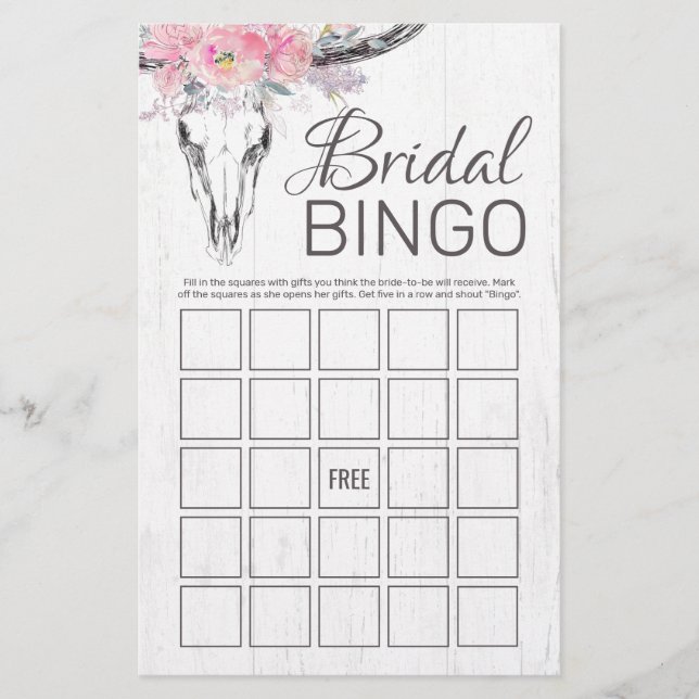 Rustic Cow Skull Boho Floral Bridal Bingo Game (Front)