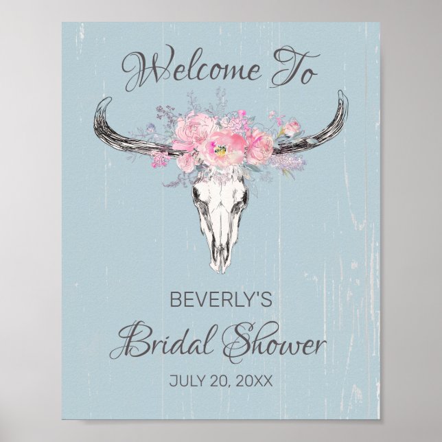 Rustic Cow Skull Boho Floral Bridal Shower Welcome Poster (Front)