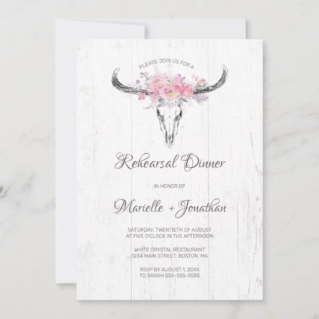 Rustic Cow Skull Boho Floral Pink Rehearsal Dinner Invitation (Front)