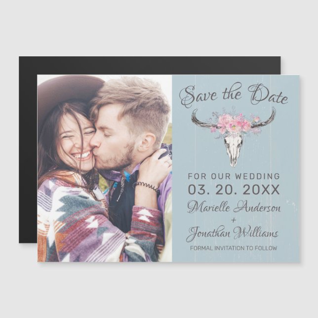 Rustic Cow Skull Floral Blue Photo Save the Date Magnetic Invitation (Front/Back)