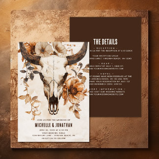 Rustic Cow Skull Floral Boho All in One Wedding Invitation