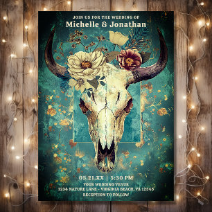 Rustic Cow Skull Floral Boho Western Wedding Invitation