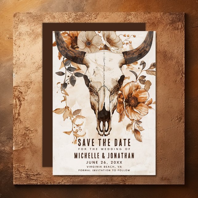 Rustic Cow Skull Floral Boho Western Wedding Save The Date (Rustic Cow Skull Floral Boho Western Wedding Save The Date)