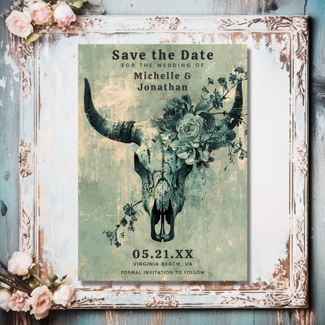Rustic Cow Skull Floral Boho Western Wedding Save The Date (Front - Rustic Cow Skull Floral Boho Western Wedding Save The Date)