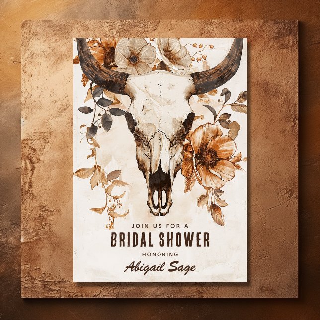 Rustic Cow Skull Floral Western Boho Bridal Shower Invitation (Front - Rustic Cow Skull Floral Western Boho Bridal Shower Invitation)